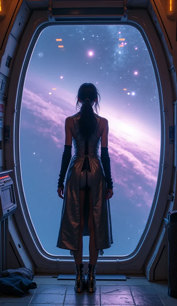 📸 A stunning, cinematic full-body shot of Eva Lannier, standing at the heart of the spaceship’s observation deck, surrounded by massive floor-to-ceiling glass panels revealing the vastness of space. The endless swirls of a deep purple and blue nebula, punc...