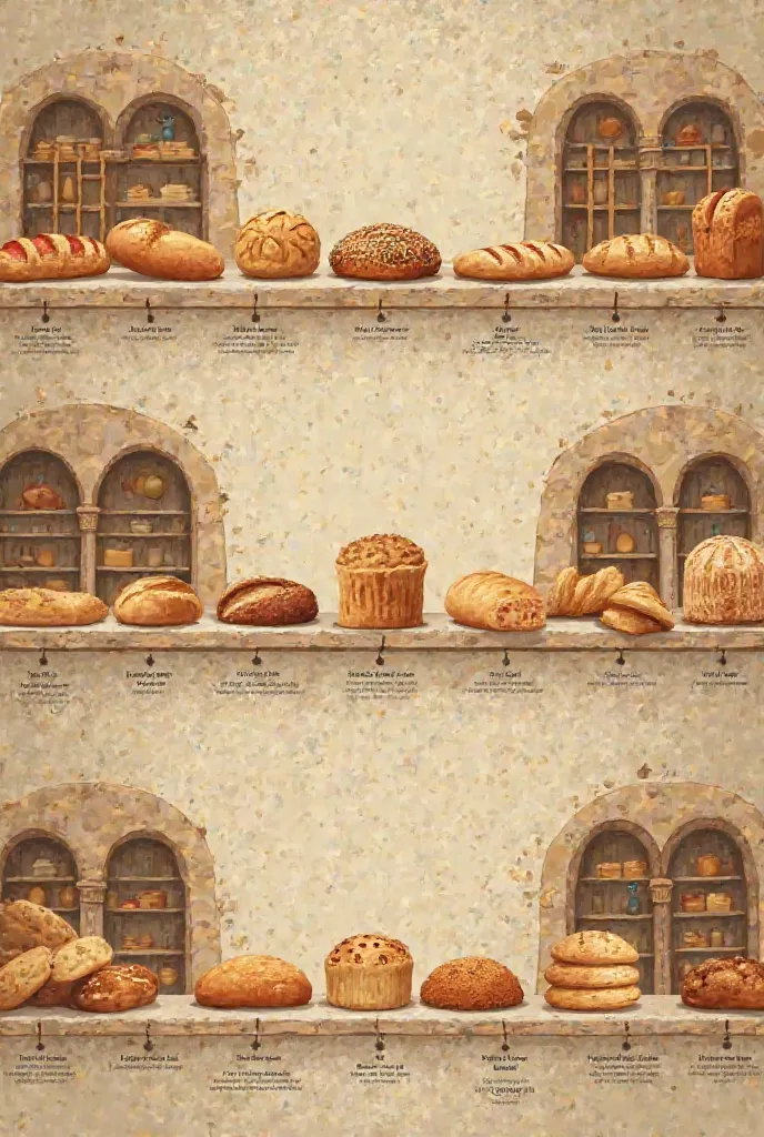 A timeline of bread evolution, showing a sequence of breads from Ancient Egypt,  Roman Empire, Medieval Europe and modern bakeries. Each section has a different type of bread, with clear visual distinctions. The background makes a smooth transition from an...