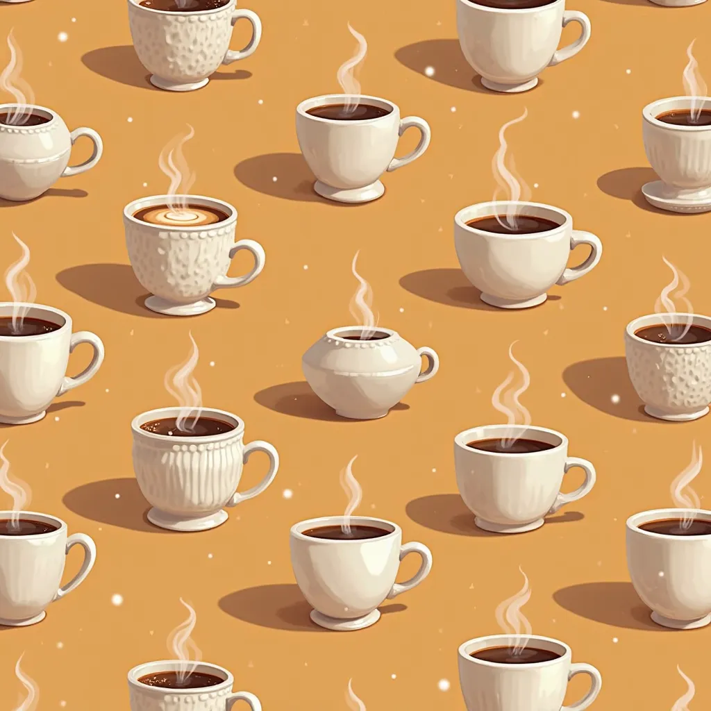 "A seamless pattern of coffee cups with steam, in various sizes and angles, on a warm-toned solid background."