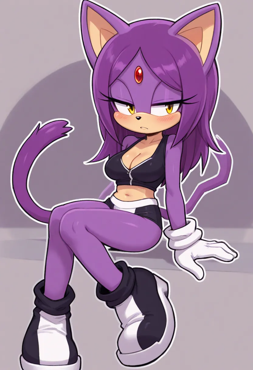 sonic cat - sonic the hedgehog and pinky toe the pinky toe, tail, animal ears, cat tail, 1girl, furry, furry female, breasts, cat ears, gloves, forehead jewel, solo, blush, purple hair, animal nose, cat girl, white gloves, sitting, cleavage, shoes, outline...