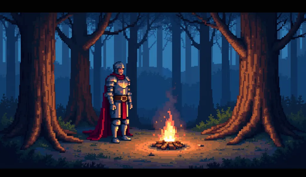 The scene is rendered in highly detailed pixel art, capturing the intricate textures of the knight’s armor, the gentle and the very small flickiring fire, and the depth of the twilight forest. The shading is carefully crafted, with warm highlights from the...