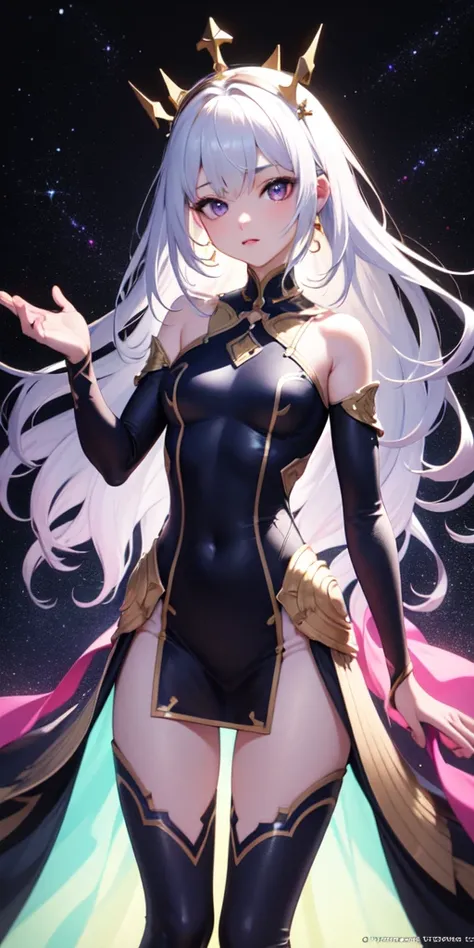 Masterpiece,8k, Ultra HD,  1 girl, white hair, tall , multicolored hair, purple eyes, face detail, multicolored bright ring on the head, small crown, Impressive fit dress, Sexy dress, hovering, sidelighting,  light particles ,  phone wallpapers , cosmic ba...