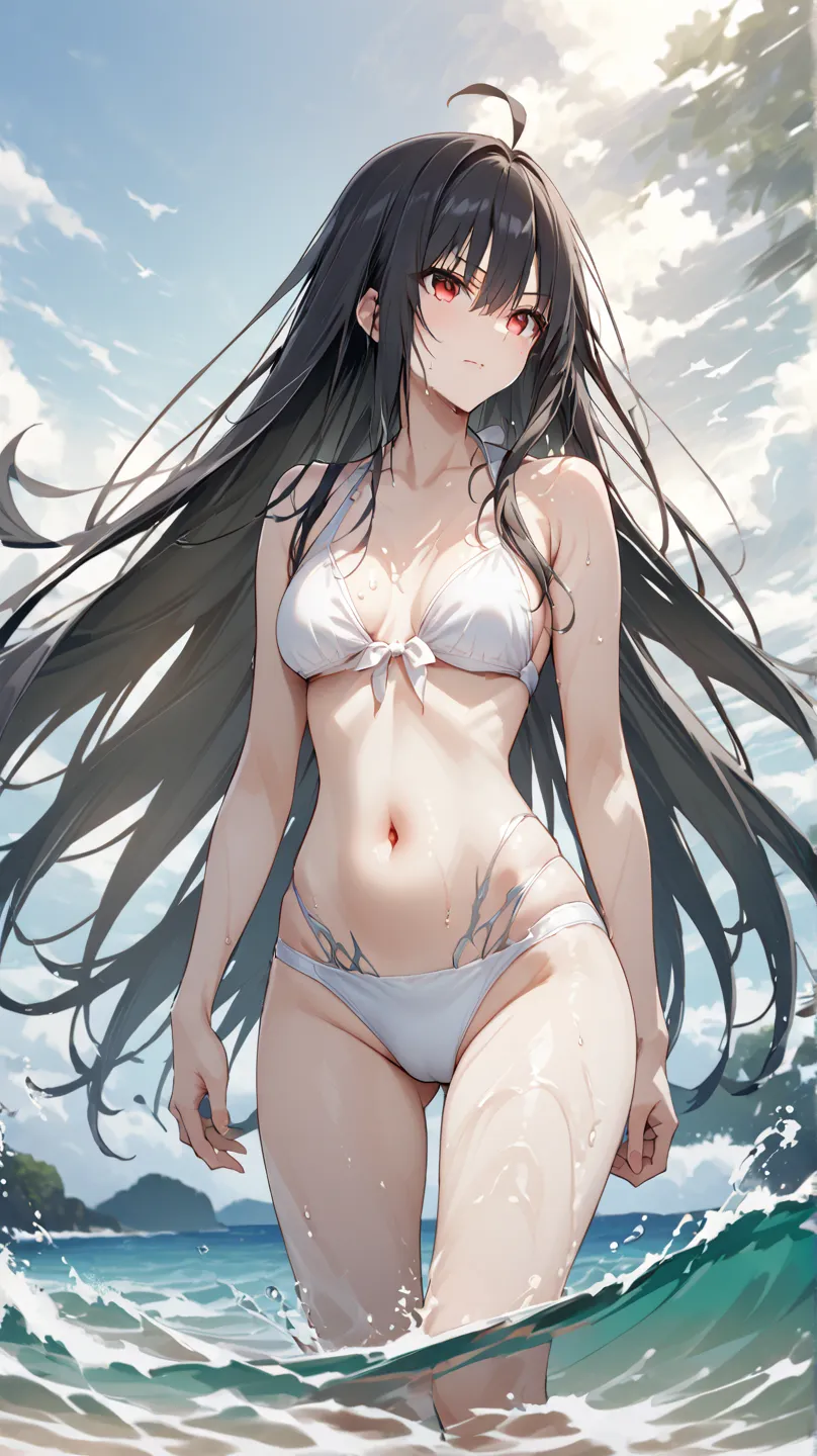 black hair straight、very long hair, red eyes, in white for summer very detailed, top quality, anatomically correct, swimsuit、Draw your sword、battle、 Sakurabuki、Moonlit Night、Strong winds、 mature face、chest, Belly button、 tight hips in the water