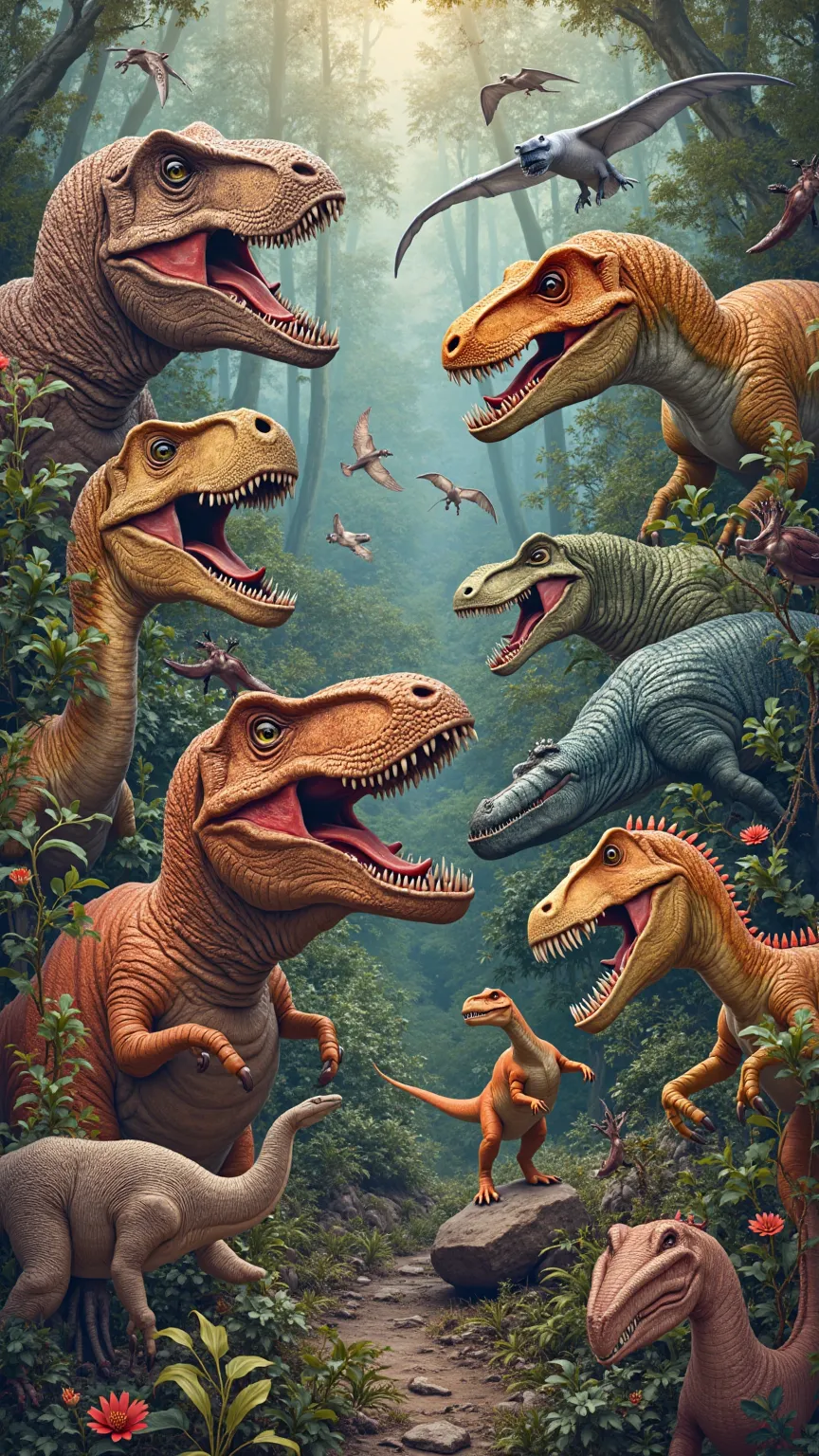  "Books, documentaries, and art depicting dinosaur life, vibrant collage, 4K UHD."