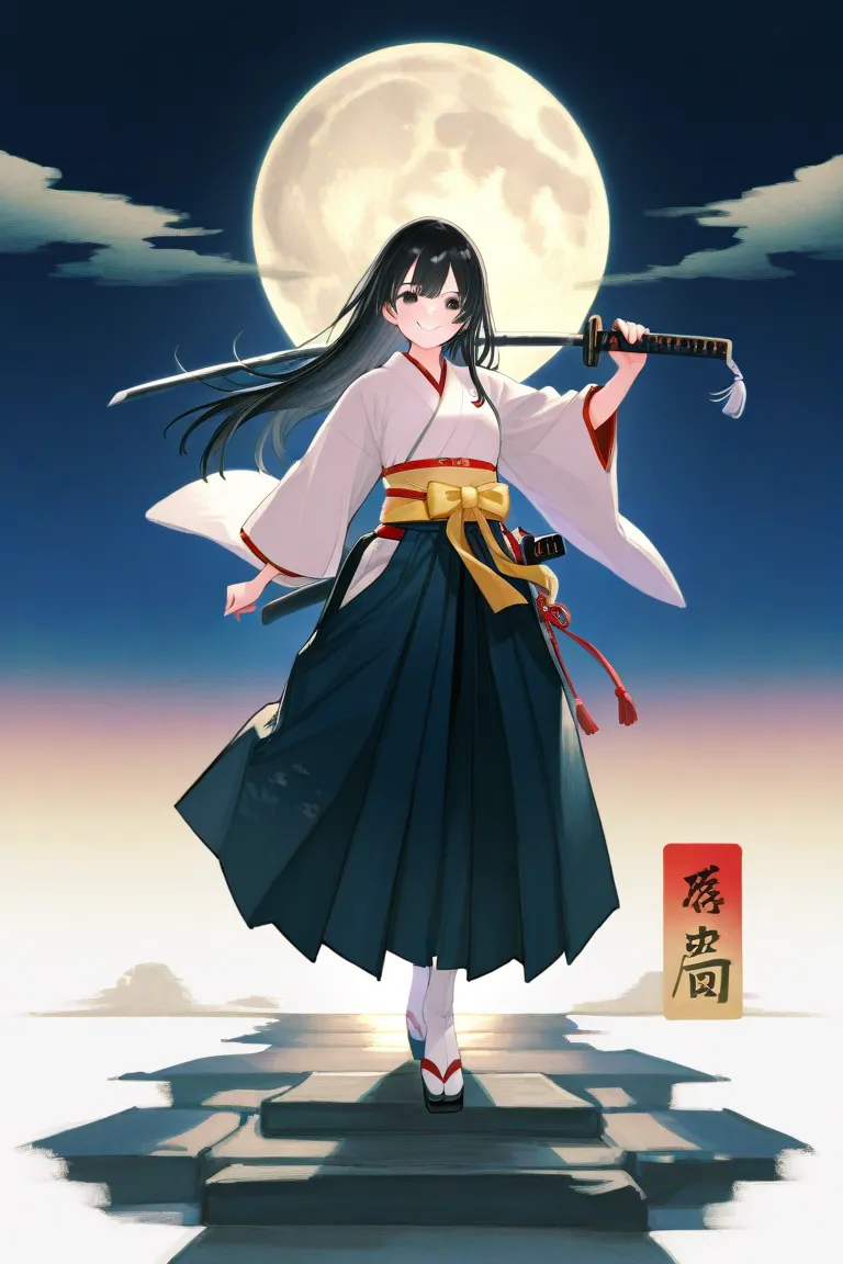 pretty girl、Hakama、落ち着いた淡い色のHakama、Full body、 Smile、 black hair、long hair、Sash、 Japanese sword、moon、Wield a sword、 Sakurabuki