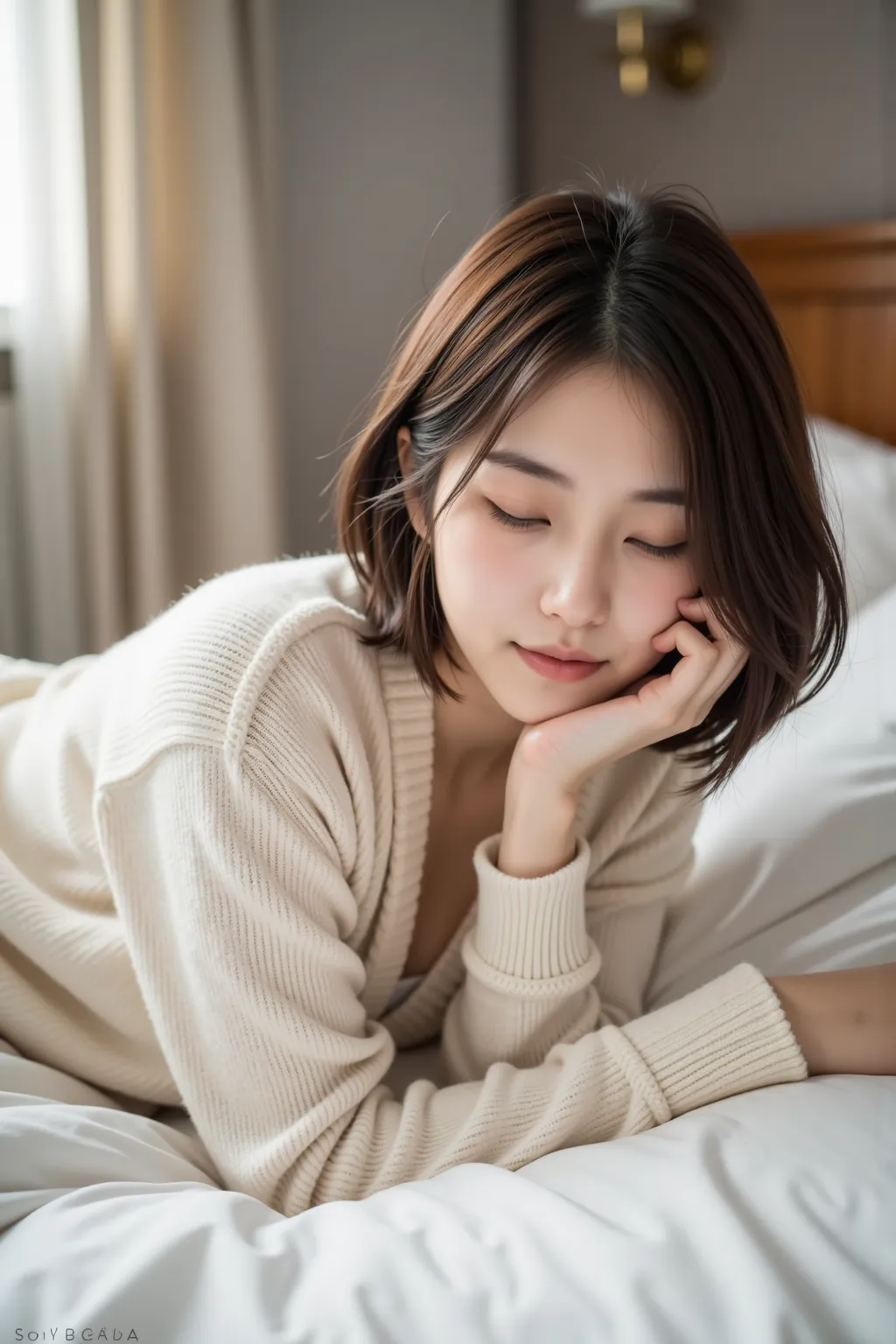 High quality,4K,Super Details,Realism,Professional grade ,bokeh,an Asian female,lying on the bed,There are pillows around ,20 years old,Gently close your eyes,Supine,Messy short hair,cardigan,pretty young Korean woman, The face of a beautiful Japanese girl...