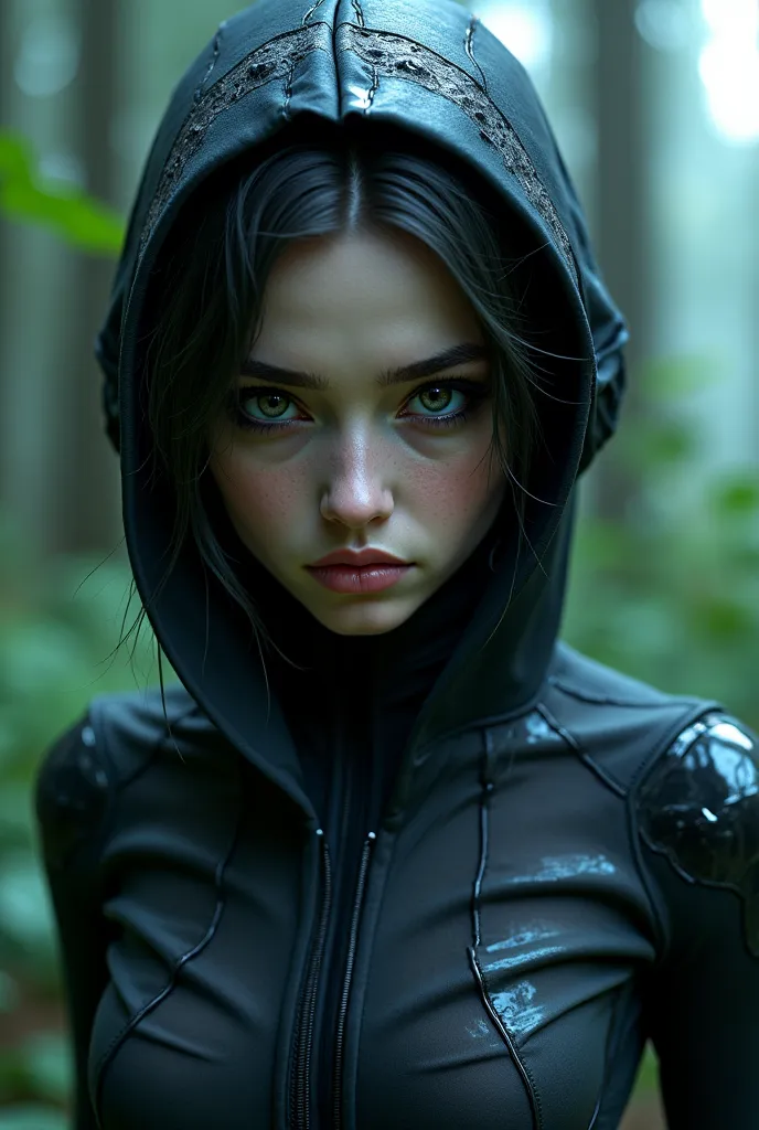 Jungle, hidden with camoflaged skin,Closeup on eyes,Facing viewer,TwoCloseup, looking to viewer ,alien jungle,Discarded Marionette,hexagonal see through bodysuit  ,Haliee steinfeld,blue sky,Gothic style,misty,futuristic forest architecture ,Neo futurism,la...