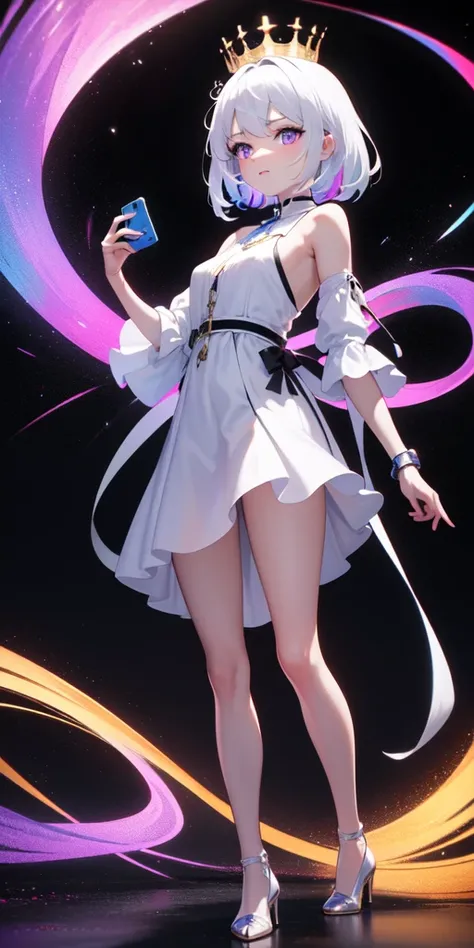 Masterpiece,8k, Ultra HD,  1 girl, white hair, tall , multicolored hair, purple eyes, face detail, multicolored bright ring on top, small crown, Impressive fit dress, Sexy dress, white and black combination skirt , hovering, sidelighting,  light particles ...