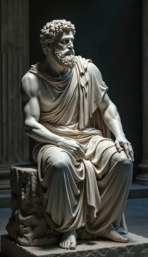 A highly detailed and realistic marble statue of Marcus Aurelius sitting in deep thought in a dark, moody setting. He is wearing a traditional Roman toga, with intricate folds and textures. His face has a wise, contemplative expression, with a thick beard ...