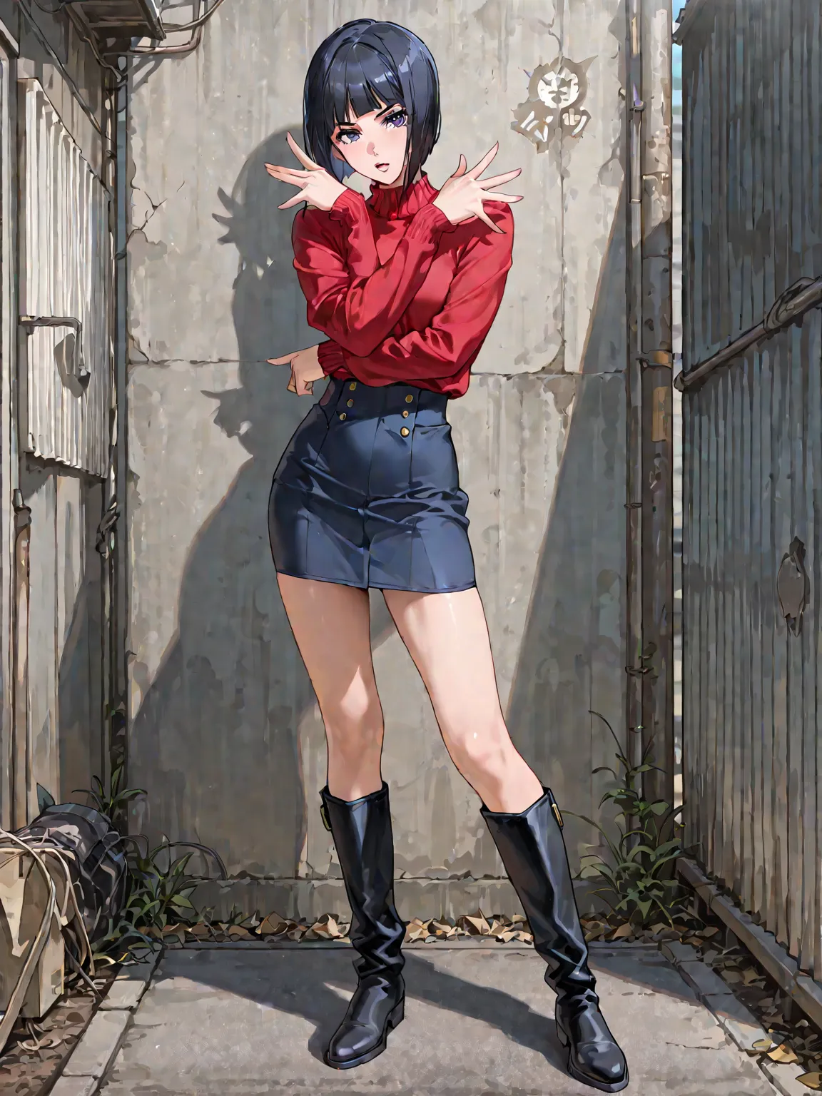 black haired short bob,red sweater,navy blue mini tight skirt,black long boots,athlete body shape,Jojo pose,pretty face, slum,