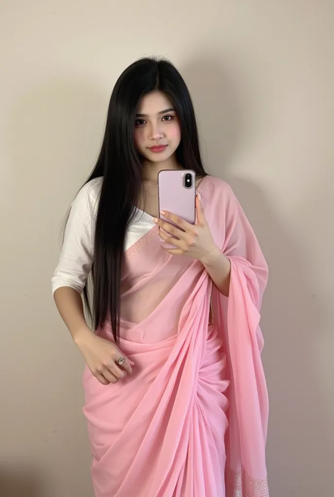 cute beauty 18 year old girl,she  with long black hair,she wearing a pink saree white blouse . She has inviting expression on her face, Her eyes are bright and her lips are slightly, She is standing room Background  wall Her hands are clasped in front of h...