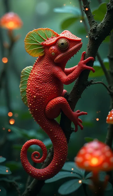 "A mesmerizing fusion of a chameleon and a strawberry, clinging to a jungle vine. Its entire body is covered in red strawberry-like skin with embedded golden seeds. Its tail curls like a vine, with green leafy patterns at the tip. The background is filled ...