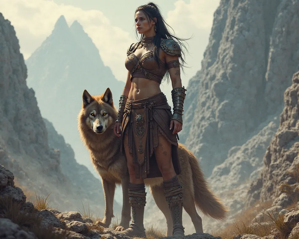 A woman in a battle scenario being a warrior accompanied by a brown-skinned wolf with short straight hair 