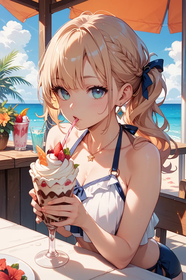 A girl in a swimsuit is eating a parfait at the summer beach