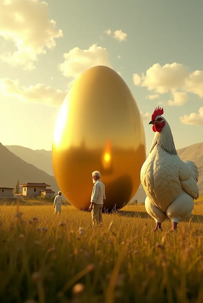 A white hen stands in front of a small house in the fields of India and a huge golden egg lies in front of it and an old man looks at it 