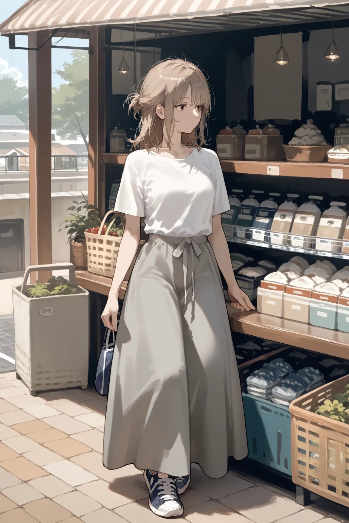 score_9, score_8_up, score_7_up,source_anime,solo,beautiful adult woman,
 medium-length hair, slightly messy hair, half updo, light brown hair, casual outfit, white t-shirt, long skirt, muted colors, sneakers, relaxed pose, free spirit, lighthearted, vinta...