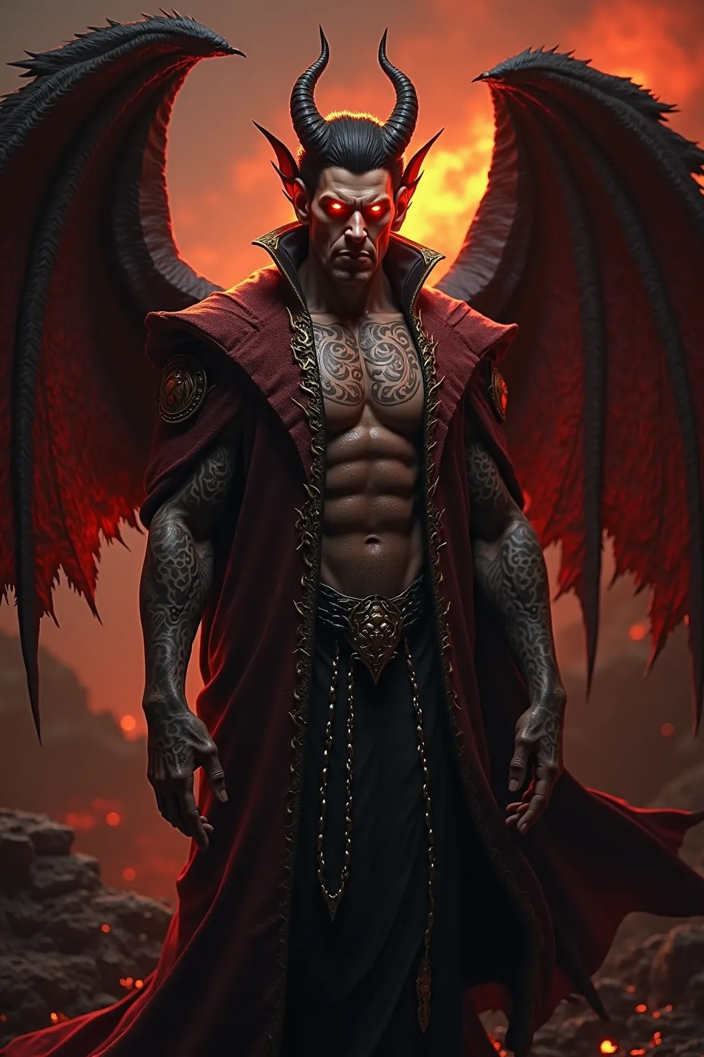 Super realistic 3d rendering of Lucifer, A powerful and majestic fallen angel、 Shrouded in Darkness , wings of fire and shining red eyes. his muscular body is covered in intricate devil tattoos, and he is wearing a black and crimson robe with a gold hell p...