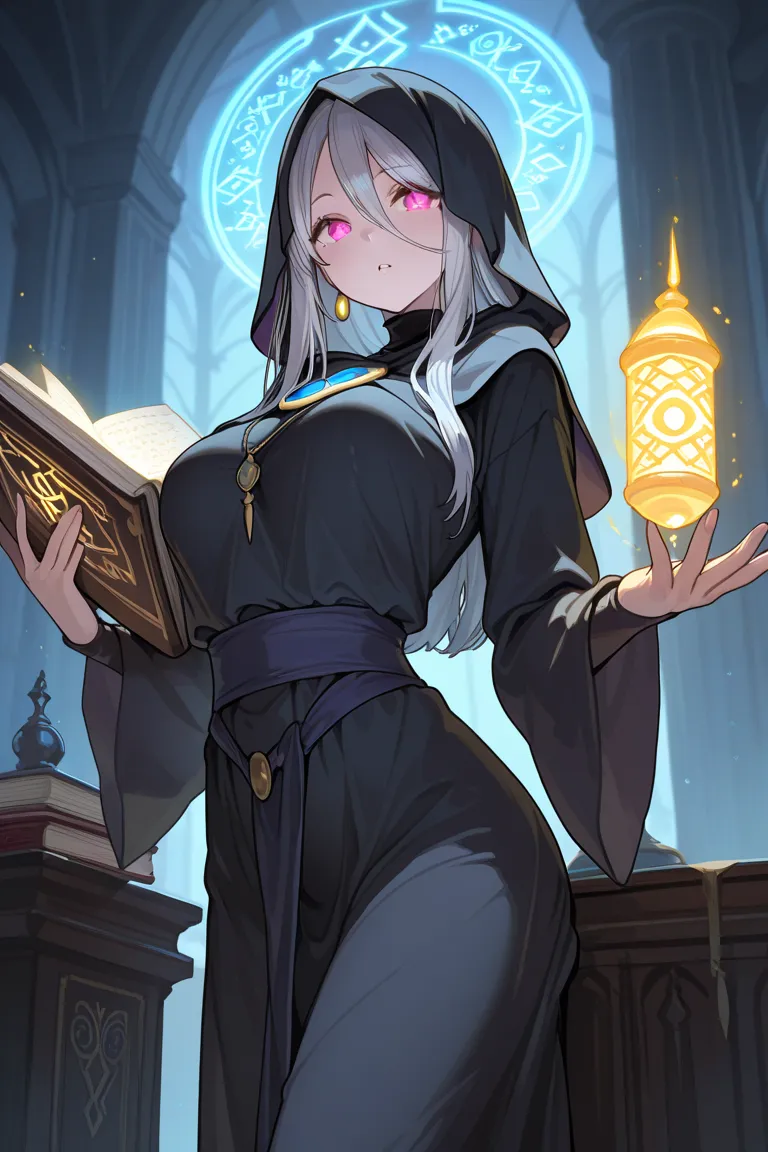 a beautiful breton woman dressed as a good sorceress discovering a book of forbidden knowledge in an ancient lair, book locked with glowing runes, lift book from podium, high detail, masterpiece, sharp contrast