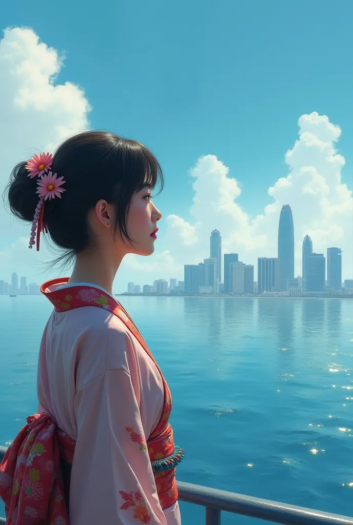 Japanese woman looking at Panama City from afar
