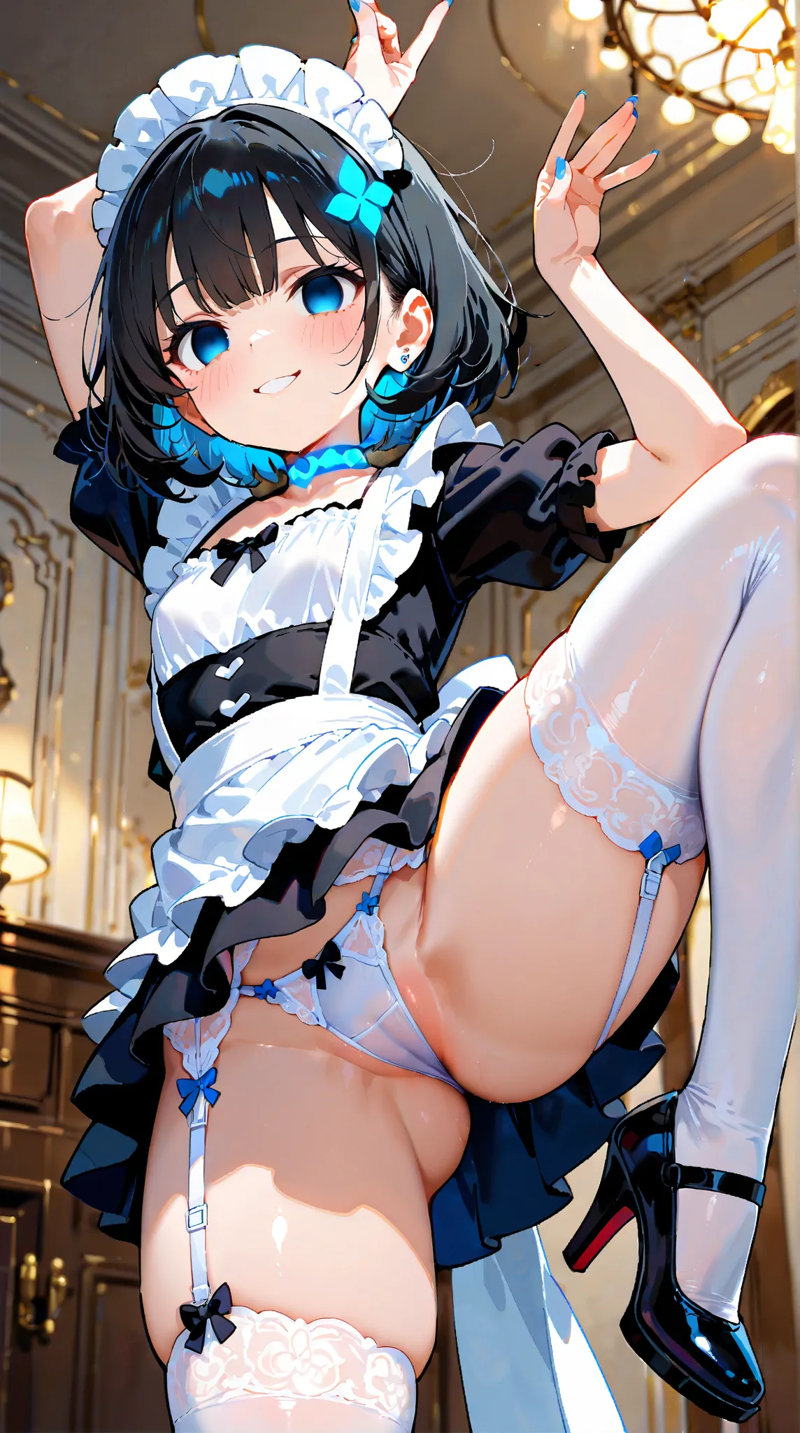 masterpiece,best quality,ultra detailed,delicate face, cute face,1sexy woman,Glamorous Body,delicate hair,black hair, bob cut,messy hair,blue busty,empty eyes,white katyusha,black maid clothes,u-neck,short sleeve,mini skirt,white pantie,Blue glowing choker...