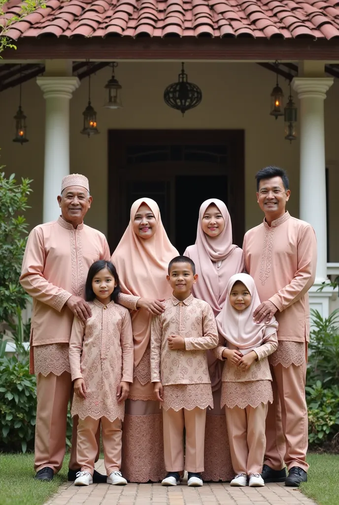 "A Malay family posing for an Eid al-Fitr photo, dressed in coordinated traditional attire. The grandfather and grandmother wear matching outfits; the grandfather in a Baju Melayu with a songkok, and the grandmother in a Baju Kurung with a neatly arranged ...