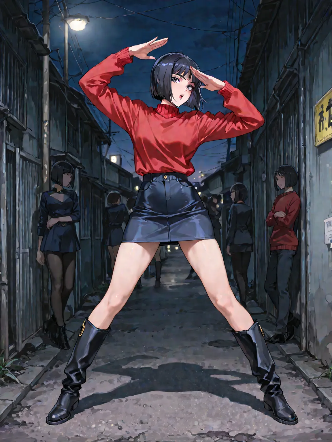 black haired short bob,red sweater,navy blue mini tight skirt,black long boots,Athlete Body Shape,Jojo pose,pretty face, slum,Late Night,There are a lot of people