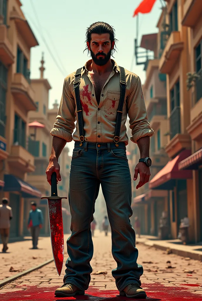 Destowski wears jeans and a shirt with blood-soaked suspenders and has a big knife in his hand behind the landmarks of a popular Egyptian street 