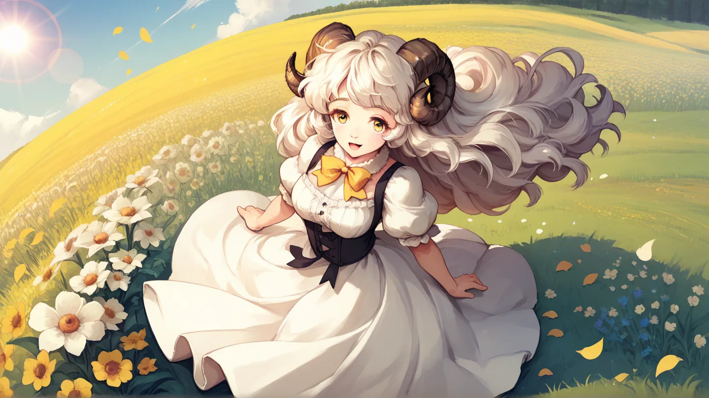 score_9, score_8_up, score_7_up, score_6_up BREAK solo,outdoors,field,flowers,sunbeam,sheep girl,neck tuft,raimbow hair,sheep horns,yellow eyes,white  dress,frills,puffy sleeves,ribbons,bowtie,long hair,lens flare,from above,happy,wind,petals,mature female...