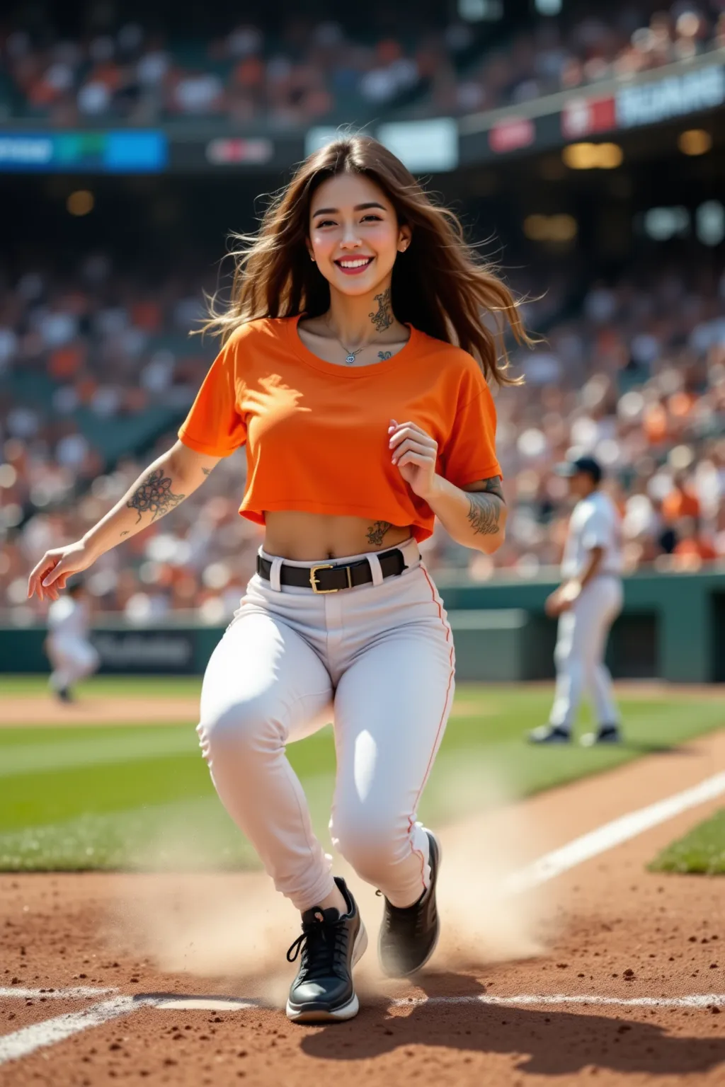 (((A beautiful, slender, slightly muscular woman with big curves),(I have a colorful tattoo, wear an orange short crop tee, tight white pelvic pants, and black sneakers),(With a smile))),She's sliding with 1st base during a baseball game. It's a big stadiu...