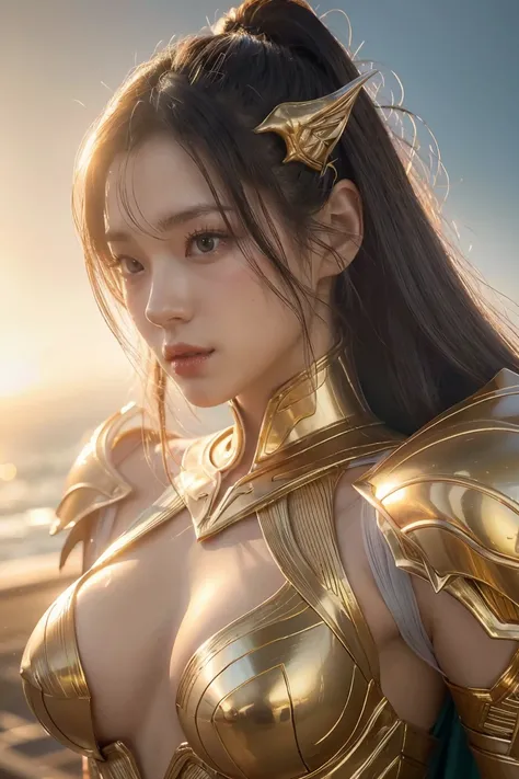 Translucent ethereal alien warrior，ModelShoot style, (Extremely detailed CG unified 8K wallpapers), The beauty of abstract stylization,，surrealism, 8K, Super detail, Best quality, Award-Awarded, Anatomically correct, 16k, Super detail,big tits,all golden