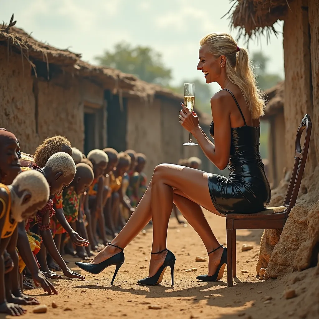 In a destitute African village, an opulent and unsettling scene takes shape. A striking blonde woman, radiating affluence and authority, sits poised on a tall, gleaming luxury stool. Her black stiletto heels catch the sunlight, perfectly complementing the ...