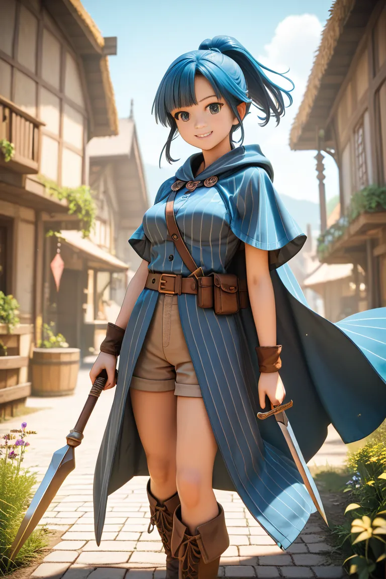 one girl standing in old european town. short stature. blue hair. ponytail. medium breasts. smile. a blue robe with white vertical stripes. shorts. brown boots. a dagger sheath on leather belt. gripping a complex shaped long wizard's staff. (best image:1.5...