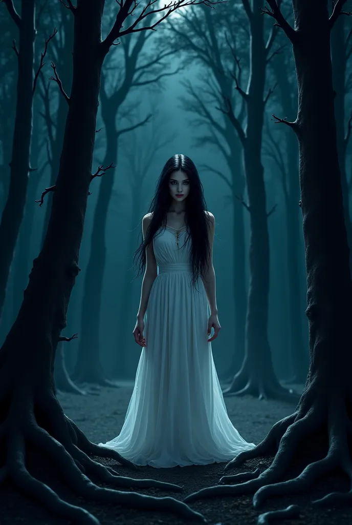 A black-haired, blue-eyed woman dressed in white, not tight, scared in a dark forest at night