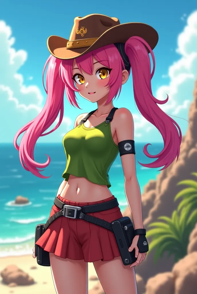 4K anime style quality, digital drawing mode, a cunning and playful hacker with long pink hair styled in twin tails and mischievous golden eyes, wearing a green top and a skirt with a cowboy hat, standing at a oceanside battlefield hideout, full body, conf...