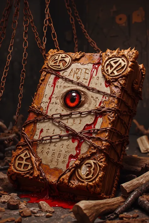 A high-quality, ultra-detailed digital rendering of a forbidden book tightly bound in ancient, rusted chains. The book's grotesque cover is made of decayed, cracked flesh-like material, appearing stitched together with dark, aged thread. A single, oversize...