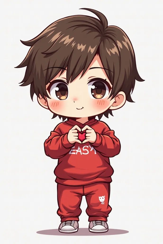 Draw a chibi character with a head twice as big as a person , the character is male, slightly elongated straight brunette touches the eyes, wearing a red sweater and red knee-length sweatpants, on a Streetwear EASY shirt and 4 little stars ( They are all w...