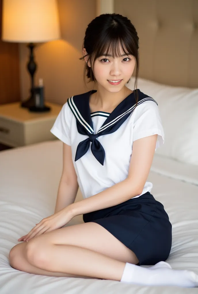 (Masterpiece, Best quality:1.4), (Ultra realistic, Photo-realistic:1.3), nsfw, (Wearing Sailor suit, White short sleeve:1.2), (Dark navy skirt:1.2), (Wearing white sock), (medium breasts), Natural light, 20 years old actor, Japanese woman, Neat and clean, ...