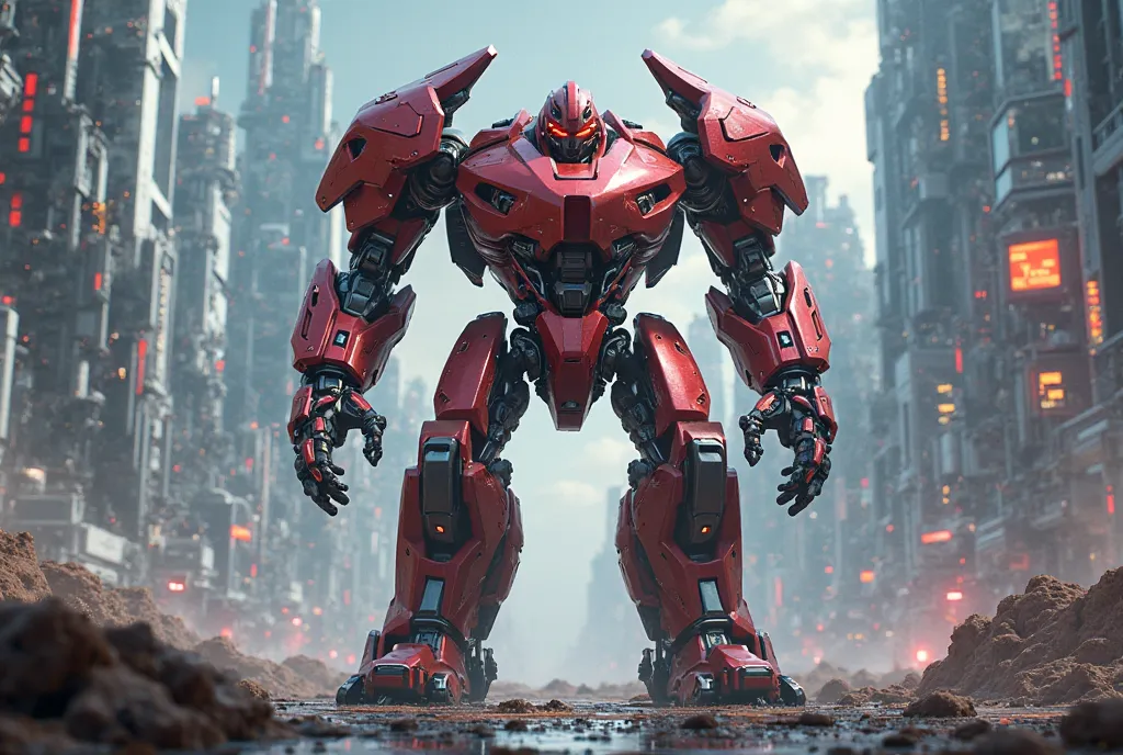 A rugged red full-length robot, transformer, space background, cyberbank,  is centered , margins with background at the edges