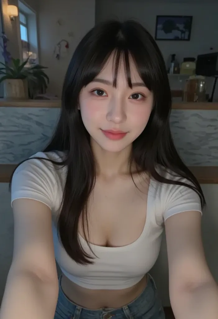 high quality, 8K resolution, hyper-realistic, sharp focus on the face, cinematic lighting, detailed textures, a woman with long black hair in a cozy café, wearing a casual t-shirt and jeans. She is sitting at a table, being photographed by someone else. He...