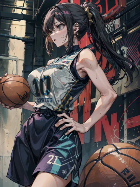 ideal ratio body proportions, perfect anatomy, correct body, earring, large breasts, narrow waist, short hair, black hair, wavy hair, hair behind ear, half updo, sweat, adult body, cowboy shot, basketball uniform, 