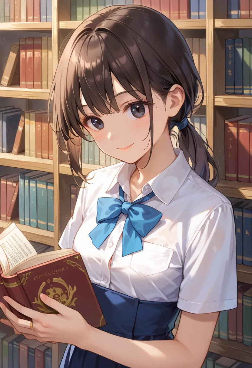 (masterpiece),(best quality),(ultra-detailed), (illustration),score_9,score_8_up,score_7_up,(an extremely delicate and beautiful) BREAK 1 girl,solo,(reading book:1.3),(hand holding book),right smile BREAK 1 early age girl,solo,low ponytail,dark brown hair,...