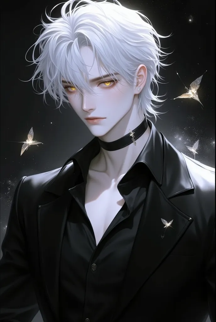 a young adult boy, Alone, beautiful, WHITE HAIR, eyes with golden irises ,  black social shirt ,  black pants, anime style .