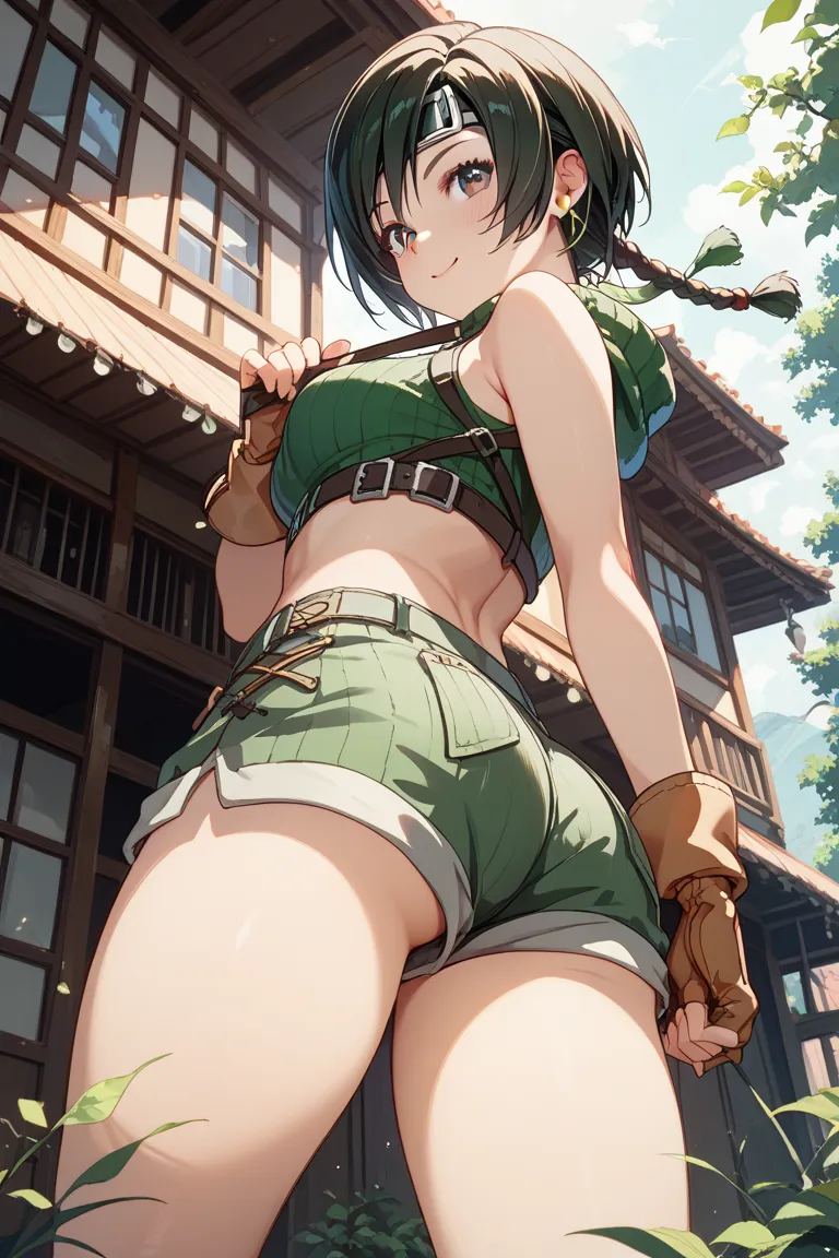 Final Fantasy７、Yuffie、anime、cute、is putting her hand on her lower back、low angle、Ass、shorts