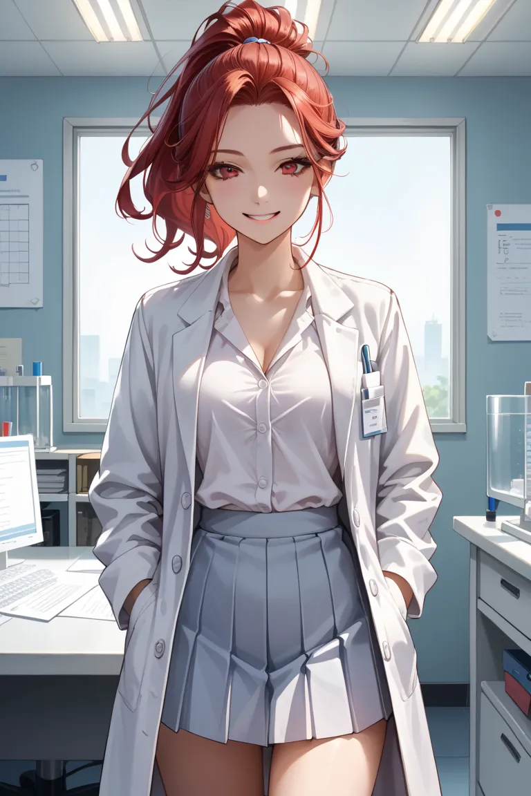 score_9, score_8, score_7, fancy fixes, accurately in viewer, masterpiece, top quality, source anime, 
alone concentrated, big hair, middle ponytail hair, red hair, bangs, red eyes, forehead, strong face, (doctor, lab coat),  in the mechanic room, (white p...