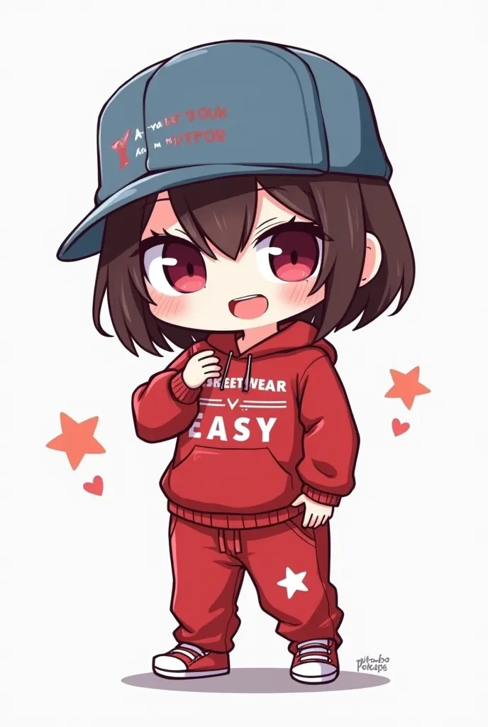 draw chibi characters using strokes as in the photo, the character is male, straight brunette slightly reaching her eyes, wearing a red sweater and sweatpants, on the shirt with the words STREETWEAR EASY and 4 baby stars ( uniformly white)
 Personality : c...