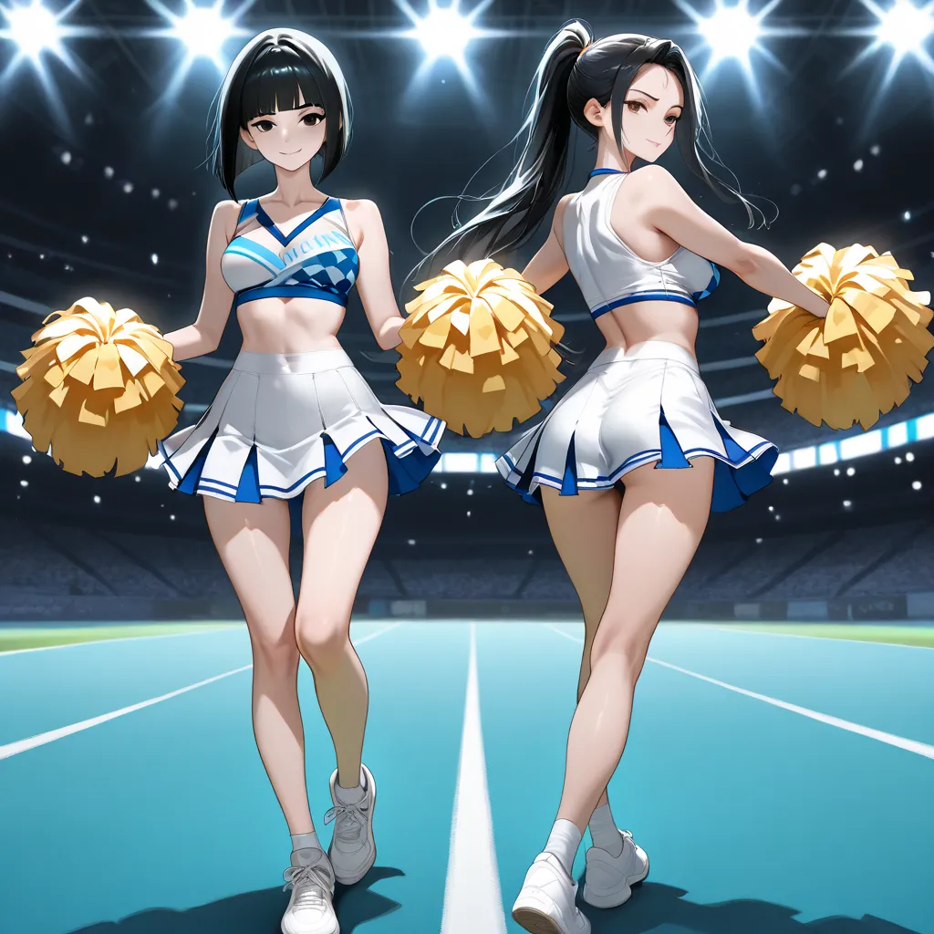 Two 18-year-old cheerleaders perform a synchronized routine at the center of a massive stadium, illuminated by bright floodlights.

Cheerleader 1 (Brunette, Ponytail, 5'5"/165 cm): Athletic build, expressive brown eyes, high ponytail swaying dynamically.
C...