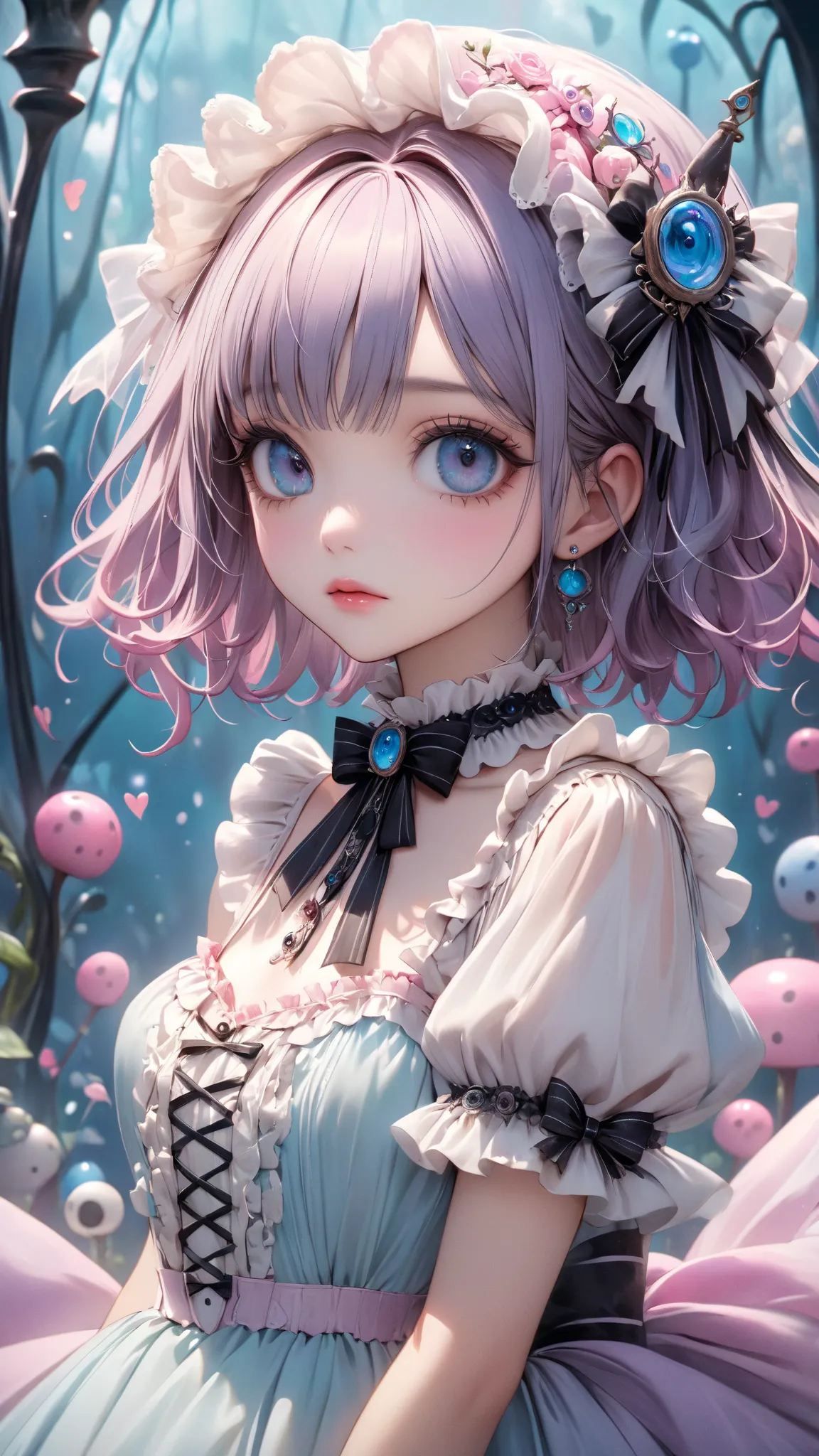   very realistic 、high quality texture、high resolution、top quality、 details、 Tim Burton Style、  pastel 、 gorgeous、chiffon lolita dress、 upper body、  Wonderland  、