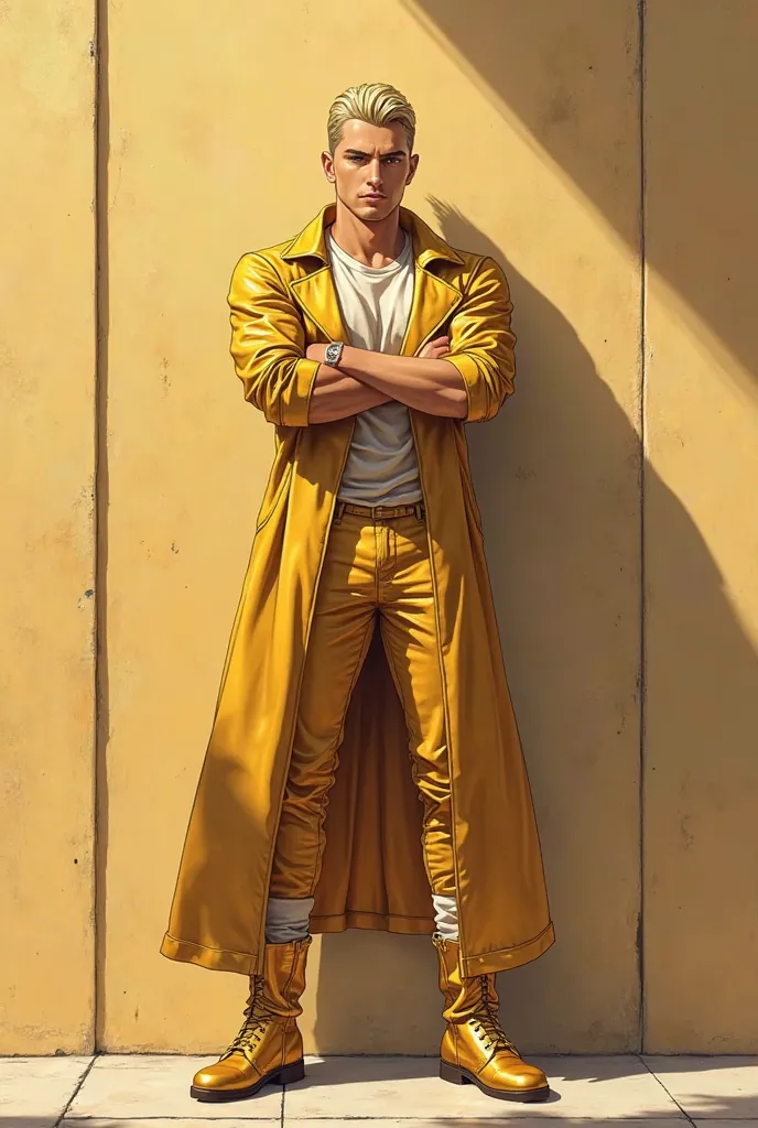 A young man with a height of 2 meters 20 cm, not bulky but well-balanced, muscular body, Short blonde hair slouched back, Gold snake-eyed,  brown skin to eat hands. gold long coat and gold pants, gold boots, Standing against a wall with arms crossed,  Japa...