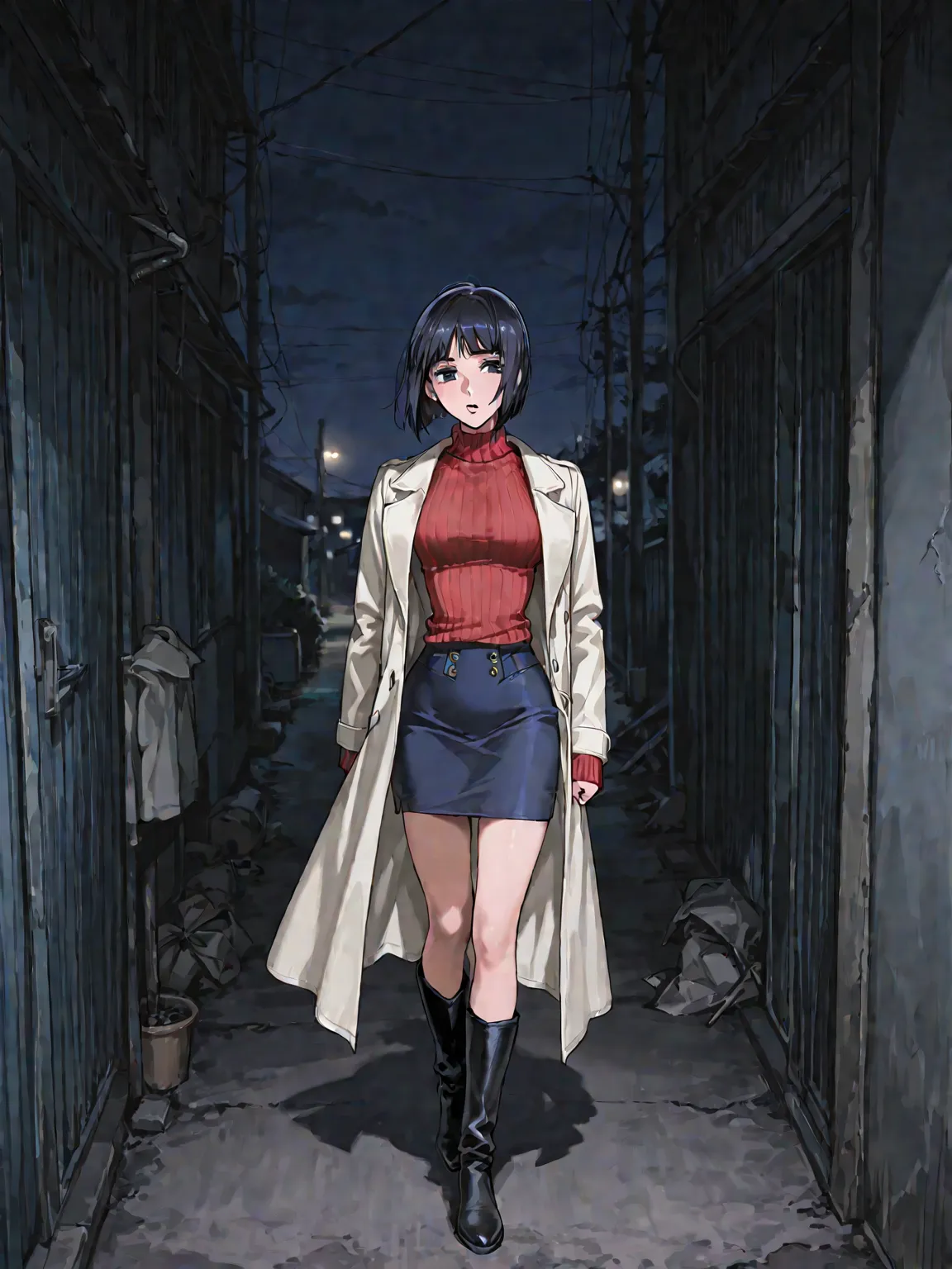 black haired short bob,red sweater,navy blue mini tight skirt,black long boots, white long coat,Athlete Body Shape,JoJo face,pretty face, I'm tired, slum,Late Night,Model Walk, at a loss in a dark room,