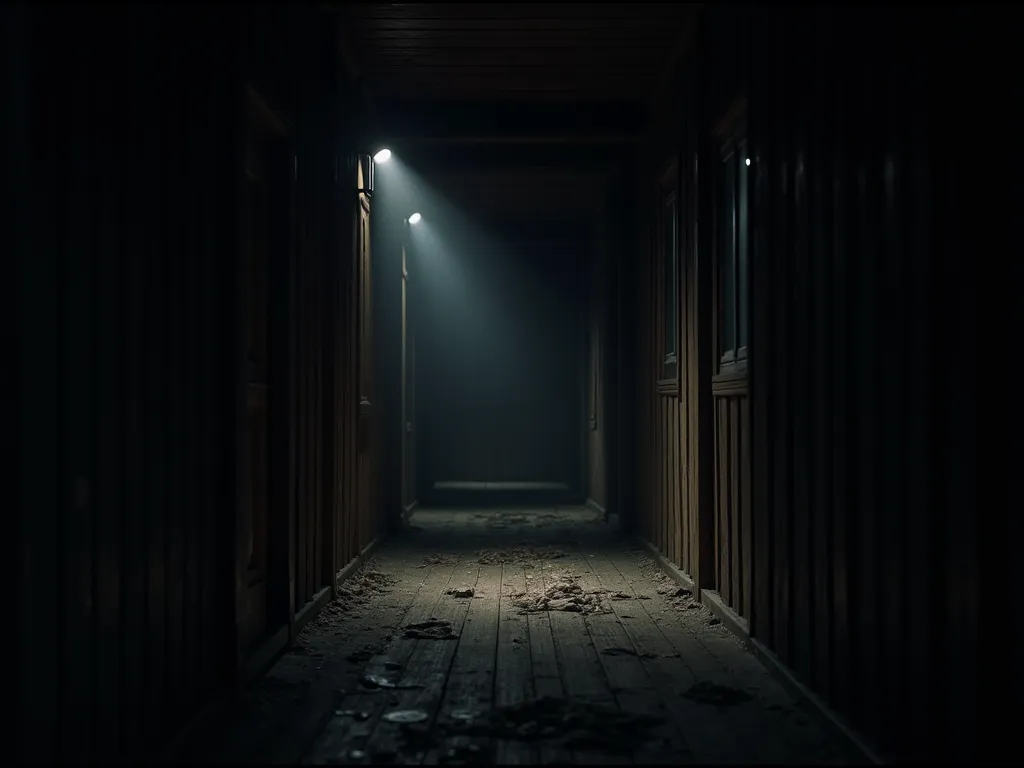 The inside of the wooden house is now pitch black. The only light comes from the group’s flashlights, cutting through the thick shadows. The wooden walls seem to close in around them. It is dark night outside